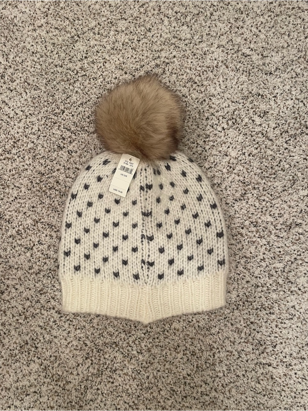 Aerie Cream Knit Pom Beanie with Charcoal Dots and Tan Pom